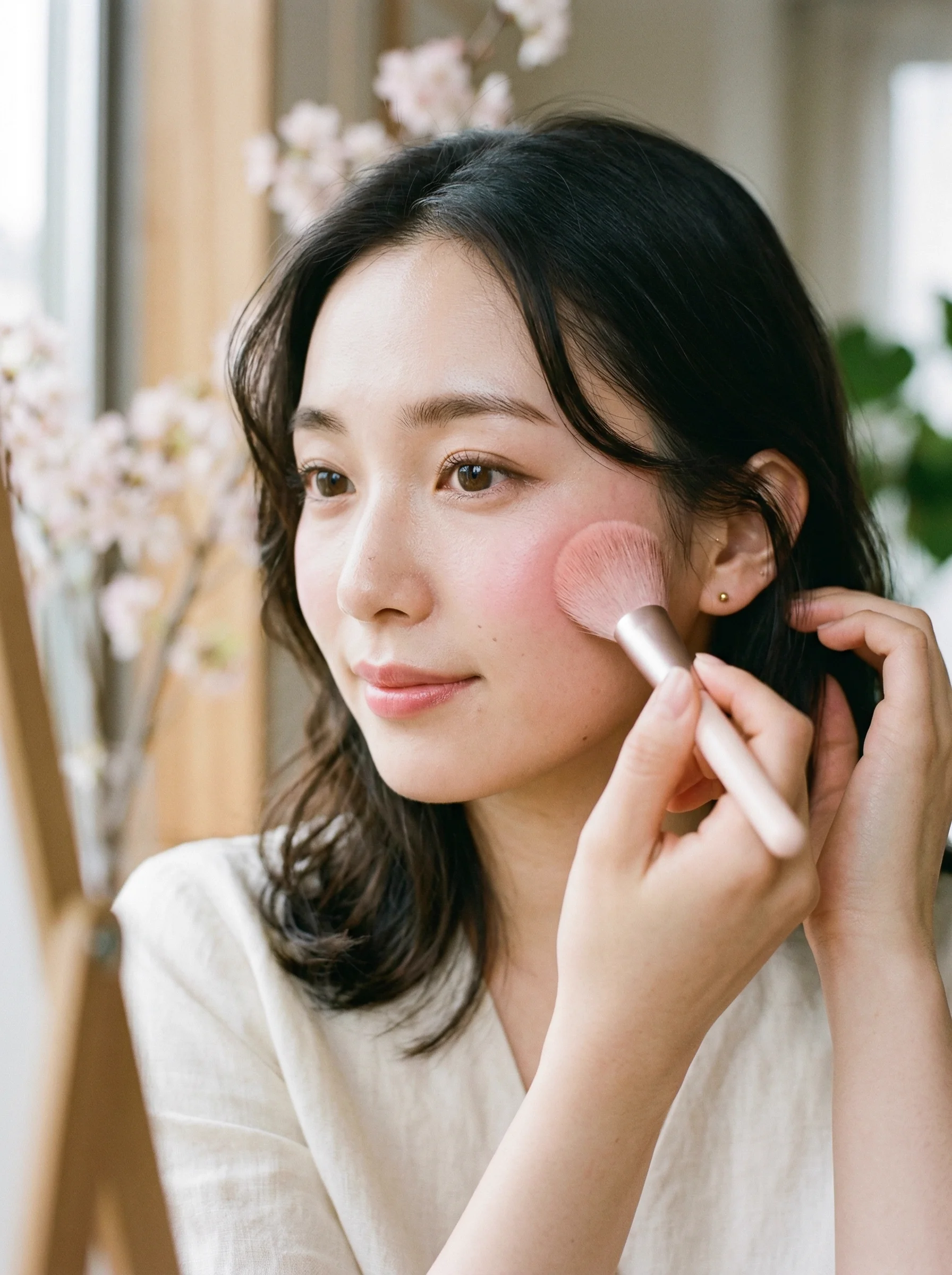 ケミメイクの仕上がりイメージ：重心高めチークで透明感のある春フェイス